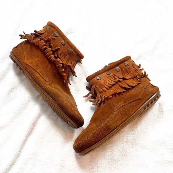 Minnetonka Double Fringe Suede Moccasin Booties Leather Brown Women’s 9 Zip Up - Picture 9 of 9